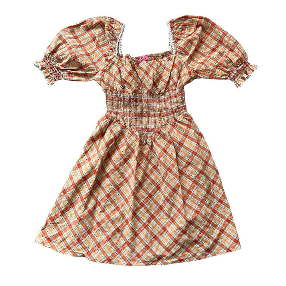 Betsey Johnson Brown Tan Smocked Puff Sleeve Sundress